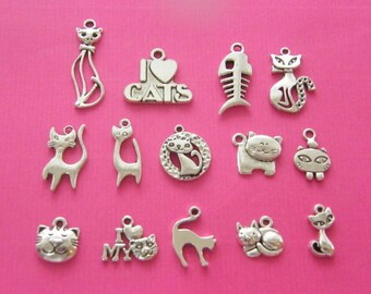 The Cat Collection - 14 antique silver tone charms