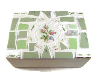 Green Mosaic Jewelry Box - Broken China Mosaic