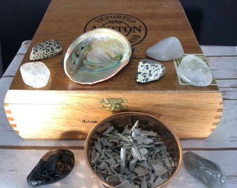 smudge kit, abalone shell with white sage, ritual, cleanse, purify, protect, wiccan, meditation, altar tools