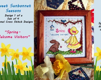 SWEET SUNBONNET SEASONS-design 1 of a set of 4 - "Spring-Welcome Visitors" cross stitch chart graph pattern