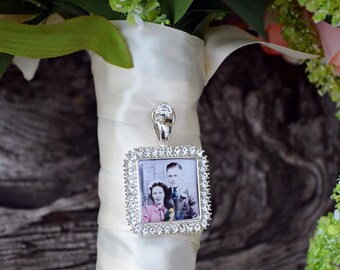 Bouquet Photo Charm Rhinestone Silver Square Wedding Bridal Memory Frame Bling