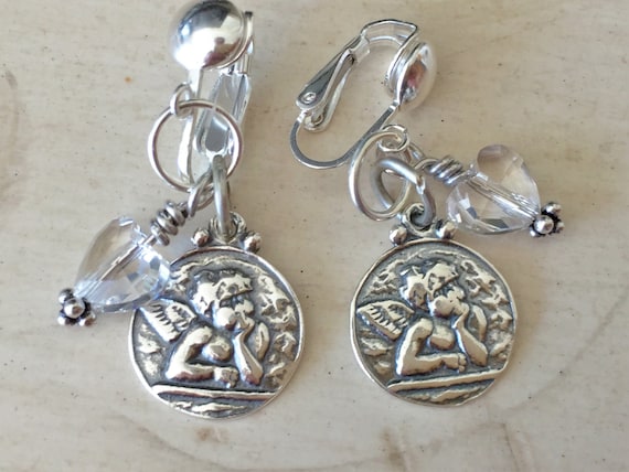 Sterling Angel Charm & Crystal Heart Clip On Earrings