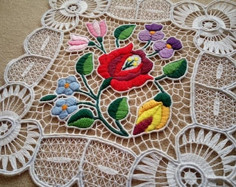 Handmade 8" cutwork embroidery doily. Richelieu lacework with Hungarian, Kalocsa-style floral motif.