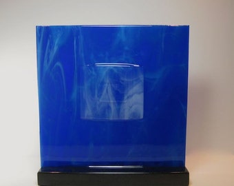 Art Glass Sculpture Abstract Moody Blue Icy Cloudy Smokey Sky Home Decor Panel Artist Signed