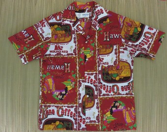 Vintage Hawaiian Shirt 60s ROYAL PALM Kona Coffee from Hawaii with Aloha Mens - L - Oahu Lew's Shirt Shack