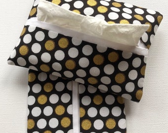 Purse Tissue Holders- Elegant Black Gold and White Dot Fabric- Travel Tissue Case- Handmade- Purse Accessory- Gift Under 10-Tissue Packet