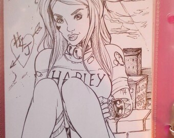 HarleyQuinn Gotham rooftop original drawing by boo rudetoons comics batman