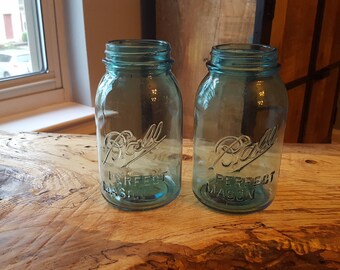 Lot of 2 Vintage Aqua Ball Perfect Mason Jars Quart Size