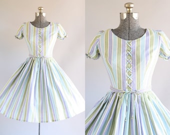 Vintage 1950s Dress / 50s Cotton Dress / Turquoise Purple and Green Striped Dress w/ Original Belt XS