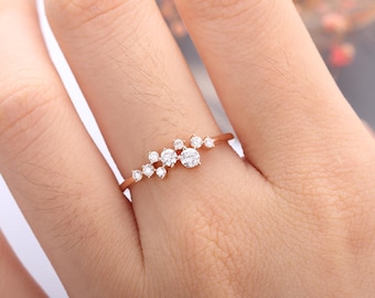 Rose Gold Engagement Ring Diamond Cluster ring Flower Wedding Mini Twig Bridal Jewelry Unique Promise Stacking Anniversary Gift for Women