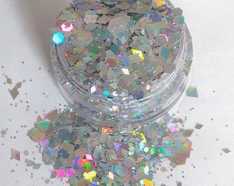 Sterling - Silver Holographic, Chunky Cosmetic Body & Face Glitter For Festival And Creative Makeup, Slime And Crafts