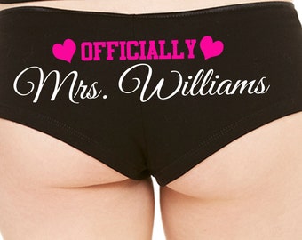 PERSONALIZED OFFICIALLY MRS. wedding honeymoon engagement bridal bachelorette panty game boy short Panties boyshort hen party flirty fun