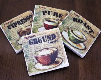 Stone Coasters - Coffee Lovers // Tumbled Marble Tile Coasters // Set of 4 // Gifts for Coffee Lovers // Coffee Gift // Coffee Decor