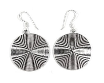 Sterling Silver Large Dangle Disc Boho Statement Earrings, Handmade Oxidized Dark Silver Gypsy Tribal engraved Spiral Earrings, Gift for Her
