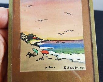 Vintage Miniature Seascape Watercolor Painting 1950's in Original Frame