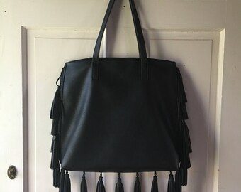 Black Leather FRINGE Purse || Tribal design inside.