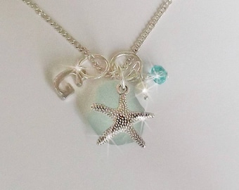 Sterling Sea Glass Necklace - Personalized Necklace Aqua Beach Glass Charm Necklace Seaglass Jewelry Charm Necklace Starfish