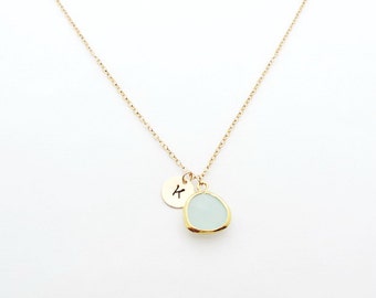 Aquamarine Gold Initial Bridesmaid Necklace, March Birthstone Necklace, Bridesmaid Gift, Personalized Necklace, Bridesmaid Jewelry