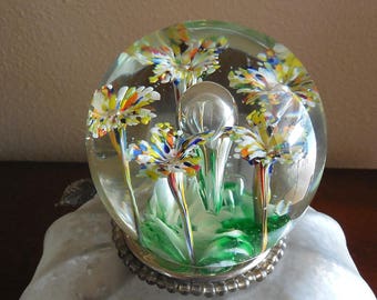 Botanical Glass Paperweight, Floral Art Glass with Multi Colored Stemmed Flowers
