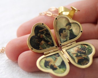 Folding Vintage Locket ... Family Locket, Photo Album Pendant, Clover Necklace, Gifts for Family, Gift for Mothers