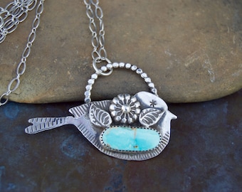 Kingman Turquoise Sterling Silver Necklace . Flowers .Bird. Hand Forged . Sterling Necklace.Rustic. Necklace