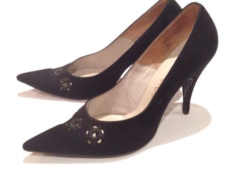 Vintage 1960s Black Suede Stiletto Pumps
