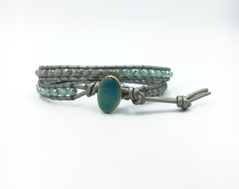 Grey Bracelet - Green Bracelet - Leather Wrap Bracelet - Grey Leather Wrap Bracelet - Women's Bracelet - Women's Jewellery - Boho
