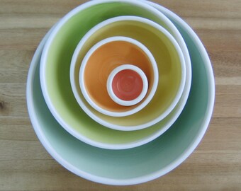 Rainbow Pottery Nesting Bowls, Anniversary Gift, Large Ceramic Stoneware Serving Set, Wedding Gift, Wheel Thrown, Foodie Gift