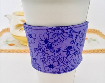 Coffee Cozy, Coffee sleeve, Coffee Cup Cozy, Floral Coffee Cozy, Purple Coffee Cup Cozies, Fabric Coffee Cozy, Purple Floral Coffee Cozy,