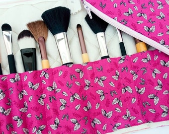 Makeup brush organiser and bag, brush holder and bag set, brush holder pink, pink leaves pouch, gift for wife, gift for her, pink gift