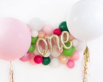 40" White Gold One Script Balloon / First Birthday Party / Birthday Decor Photo Prop / 1st Birthday Balloon / Giant Balloon with Tassels