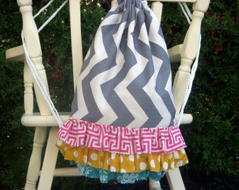 Children's Size Grey Chevron Drawstring Backpack