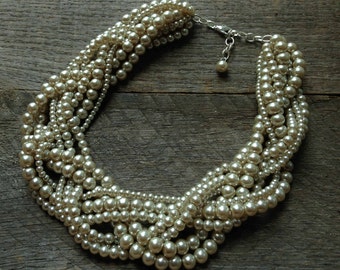 Champagne Pearl Statement Necklace, Multi Strand Wedding Necklace, Chunky Braided Necklace on Silver or Gold Chain
