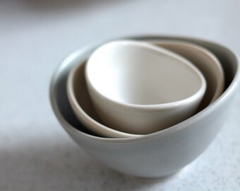 Mini Nesting Bowls - Beige, white, gray - set of 3 - Pottery Bowls - Stacking prep bowls