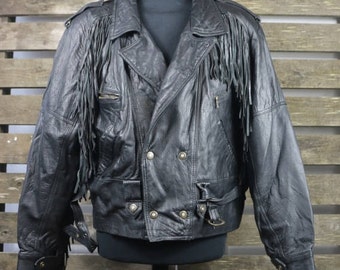 Vintage 1980's Black (Womens/Mens) Fringe Leather Jacket / Motorcycle Jacket