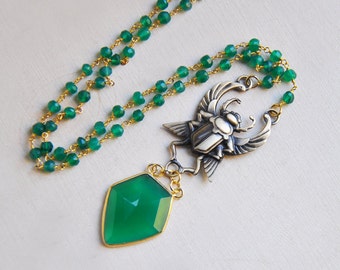 Scarab Necklace, Winged Scarab Necklace, Scarab Beetle Necklace, Beetle Necklace, Amulet Necklace, Egyptian Necklace, Green Onyx Necklace