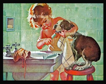 Bathroom Art, Dog Art, Little Girl's Room Art, Little Girl Brushing Dog's Teeth, Great Gift For Dentist, Dental Hygienist , Home Decor #449