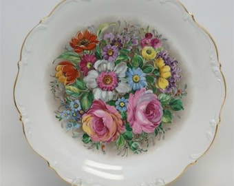 Vintage Platter, Porcelain Floral Serving Charger by Hutschenreuther, Tirschenreuth 1838 Mark, Gold Trim Scallop Rim, 12 Inch, Circa 1970s