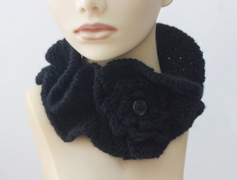 Black Knit Neck Warmer Flower Ruffled Scarf Collar