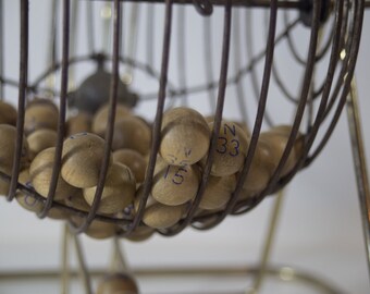 Antique Bingo Cage with 73 Wooden Balls