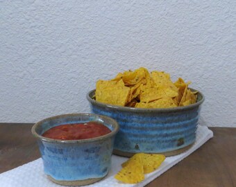 Chip and Dip Bowl Set of 2 - Handmade Stoneware Ceramic Pottery - Icy Blue