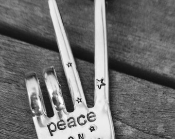 PEACE on EARTH ORNAMENT Peace Sign Ornament with Stars made from Fork hung on Black Suede Leather Holiday Ornament