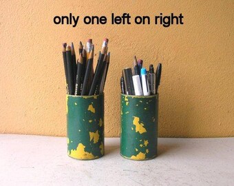 Green Yellow Pencil holder for desk unique pen cup toothbrush holder upcycled metal street post industrial office organizer new job Gift