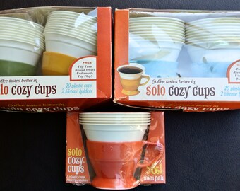 Vintage Solo Cozy Cups, Set of 3, Original Packaging, Green Cozy Cups, Blue Cozy Cups, Yellow Cozy Cups, NOS.