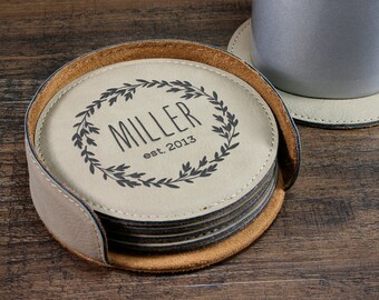 Personalized Coaster Set, Leather Coasters, Customized Coasters, Engraved Coasters, Monogrammed Coasters, Laurel Wreath Design, Gift idea