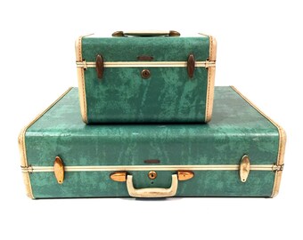 Mid Century Samsonite Luggage Set - Samsonite Train Case - Samsonite Suitcase - Vintage Luggage - Seafoam Green Samsonite - Train Case