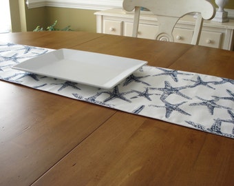 Table Runner / Cloth Runner / Table Linens/Modern Runner/Starfish Table Runner/Navy White Starfish Runner/Coastal Linens /Made To Order
