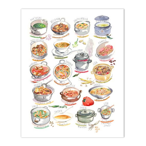 Food around the world poster Kitchen art Watercolor