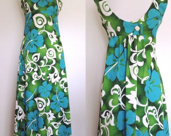 Barkcloth dress, S, M, vintage Hawaiian dress, 70's dress, 70's Hawaiian dress, vintage 70's, tropical dress