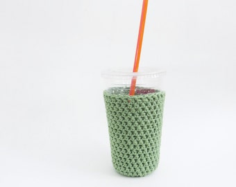 crochet coffee cozy. sage coffee cozy. Green cup cozy. Cotton cup sleeve. Eco friendly cup jacket. Summer drink cozy Sage green cup sleeve